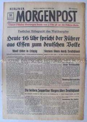 Tageszeitung "Berliner Morgenpost" zu einem Propagandaauftritt Hitlers in Essen