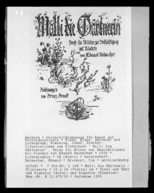 Illustrationen zum Kinderbuch " Malli die Gärtnerin" , Verse für Mütter zur Beschäftigung mit Kindern von Eduard Reinacher — Malli die Gärtnerin - Titelblatt