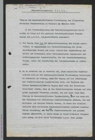 Frauenbildungsverein Halle - Wünsche zur kommunalpolitischen Frauentagung des ADF in Eisenach