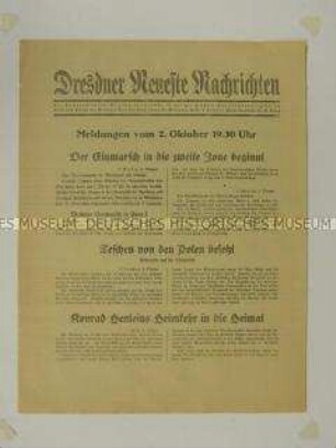 Nachrichtenblatt der "Dresdner Neueste Nachrichten" u.a. zum Einmarsch der Wehrmacht ins Sudetenland und zur Ernennung von Henlein zum Reichskommissar