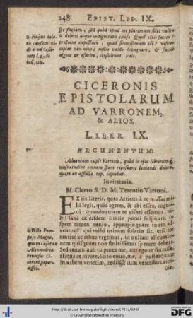 Ciceronis Epistolarum Ad Varronem, Et Alios, Liber IX.