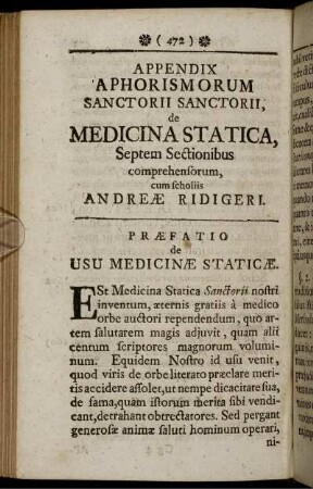 Appendix Aphorismorum Sanctorii Sanctorii, de Medicina Statica, Septem Sectionibus comprehensorum, cum scholiis