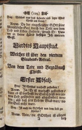 Vierdtes Hauptstuck. Welches ist über den vierdten Glaubens-Articul. Von dem Todt und Begräbnuß Christi