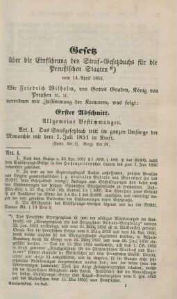 Gesetz über die Einführung des Straf-Gesetzbuchs für die Preußischen Staaten vom 14. April 1851.