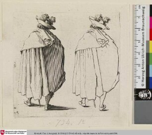 [Zwei Darstellungen einer Mannes mit weitem Mantel als Rückenfigur nebeneinander, ausgeführt und als Strichzeichnung; Deux figures...]