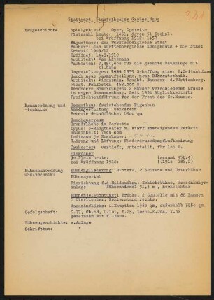 Königliches Hoftheater großes Haus, Stuttgart: Schriftstück zum Fragebogen für das Handbuch »Das Deutsche Theater«