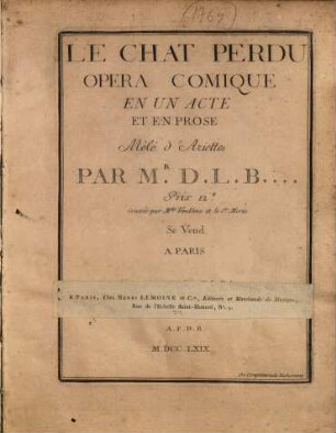 Le chat perdu : opéra comique en un acte et en prose ; mélé d'ariettes
