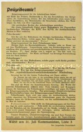 Konvolut: 16 Stück Aufruf der Revolutionären Jungarbeiter an Polizisten zur Wahl der KPD in den Reichstag am 31. Juli 1932
