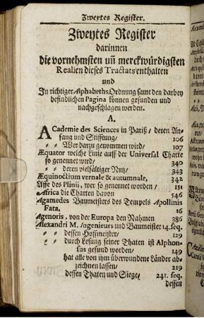 Zweytes Register darinnen die vornehmsten und merckwürdigsten Realien dieses Tractats enthalten ...