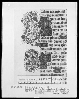 Liber horarum — Kleine Initialen mit Bordürenforsatz, darin Vögel, Folio 52verso