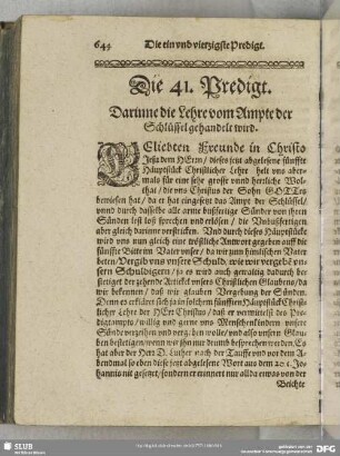 Die 41. Predigt. Darinne die Lehre vom Ampt der Schlüssel gehandelt wird