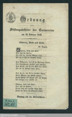Ordnung der Stiftungsfestfeier des Turnvereins am 12. Februar 1849