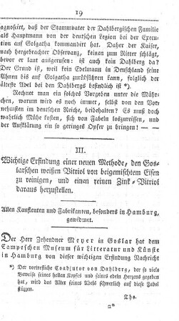 III. Wichtige Erfindung einer neuen Methode, den Goslarschen weißen Vitriol von beigemischtem Eisen zu reinigen, und einen reinen Zink-Vitriol daraus herzustellen.