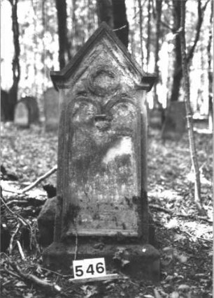 Grabstein 546 (Index: 99900804) Material: Sandstein Zustand: völlig verwittert Maße HxBxT: 141x60x25 cm Beschreibung: aufgesockelte Stele mit Dreiecksabschluss, im Giebelfeld Kranz, Schriftfeld mit doppeltem Rundbogenabschluss Symbolik: Kranz Besonderheit: vermutete Identifizierung nach Gräberverzeichnis: Grabstein 546