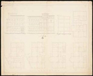 Mietshaus Leipziger Platz 19, Berlin: Haupt- und Seitenansicht, Schnitt, Grundriss Souterrain, Erd- und Obergeschosse