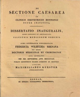 De sectione caesarea in clinica obstetricio Bonnensi nuper instituta : Diss. inaug.