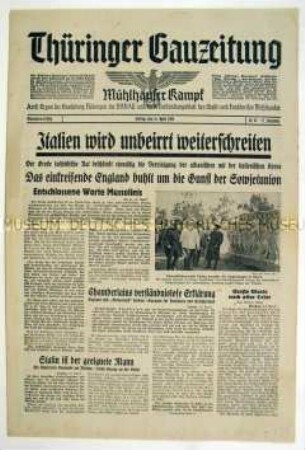 Regionale Tageszeitung der NSDAP "Thüringer Gauzeitung" u.a. zum Eingliederung Albaniens in das Königreich Italien