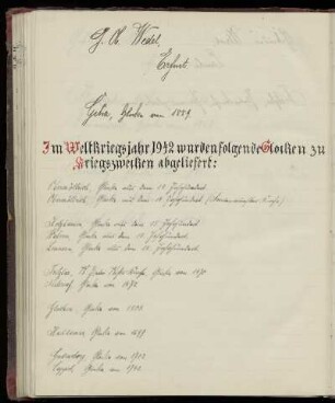 Im Weltkriegsjahr 1942 wurden folgende Glocken zu Kriegszwecken abgeliefert