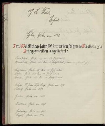 Im Weltkriegsjahr 1942 wurden folgende Glocken zu Kriegszwecken abgeliefert