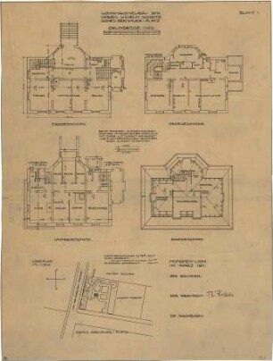 Fischer, Theodor; München - Laim; Haus Schätz - Lageplan, Grundriss UG, Grundriss EG, Grundriss OG, Grundriss DG