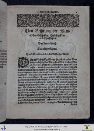 Das zweite Buch. Von Ursprung der Meintzischen Bischoffen, Erzbischoffen und Churfürsten.