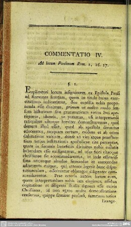 Commentatio IV. Ad locum Paulinum Rom. I, 16. 17