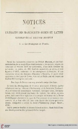 N.S. 19.1869: Notices et extraits des manuscrits grecs et latins conservés au British Museum, 1, les stratagèmes de Frontin