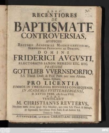 Recentiores De Baptismate Controversias