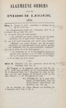Algemeene orders vor het indisch leger 1876. No. 1. - No. 136.