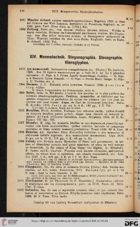 XIV. Mnemotechnik. Stegnographie. Sternographie. Hieroglyphen (Nr. 1953-2008)