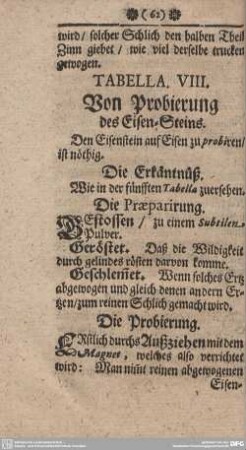 TABELLA VIII. Von Probierung des Eisen-Steins.