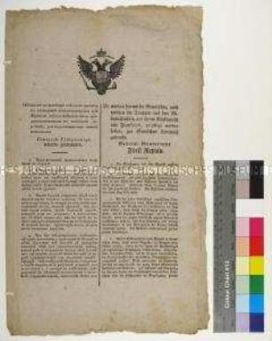 Bekanntmachung der Verordnung über Marschroute und Verpflegung der aus Frankreich rückmarschierenden Truppen durch Generalgouverneur Repnin (in russischer und deutscher Sprache)