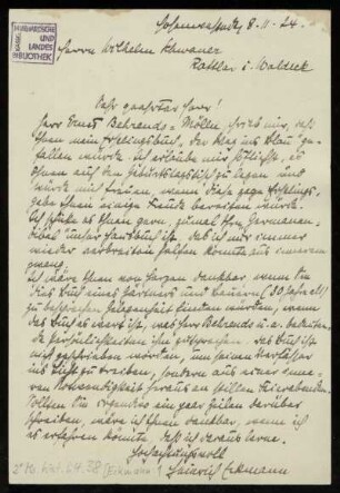 Brief von Heinrich Eckmann an Wilhelm Schwaner