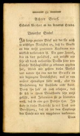 Achter Brief. Sekretair Weiher an den Actuarius Stabe.