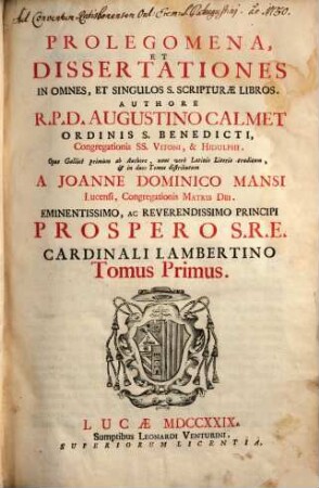 Prolegomena, Et Dissertationes In Omnes, Et Singulos S. Scripturae Libros, 1