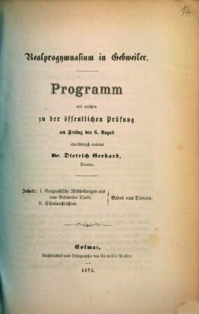 Programm : mit welchem zu der öffentlichen Prüfung ... ehrerbietigst einladet, 1874/75