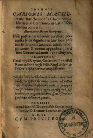 Chronicorum libri tres : accessere permulta scitu dignissima ...