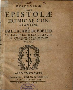 Responsvm datum Epistolæ Irenicae Constantini