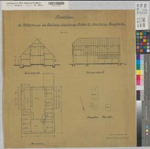 Raesfeld (Raesfeld) Pachtung Stenkamp Durchbau des Wohnhauses Schnitte, Grundriß, Lageplan 1908 1 : 100/500 63 x 61 Zeichnung Landsberg-Velensches Bauamt Landsberg-Velen