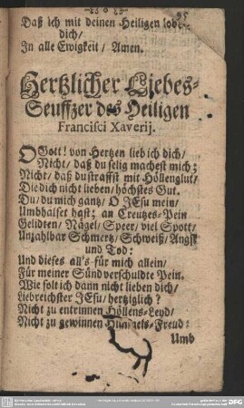 Hertzlicher Liebesseuffzer des Heiligen Francisci Xaverij