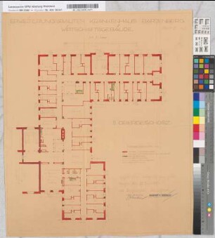 Erweiterungsbau des Krankenhauses Bardenberg. Wirtschaftsgebäude. Z.T. kolorierte Grundrisse und Schnitte. 2. Obergeschoß