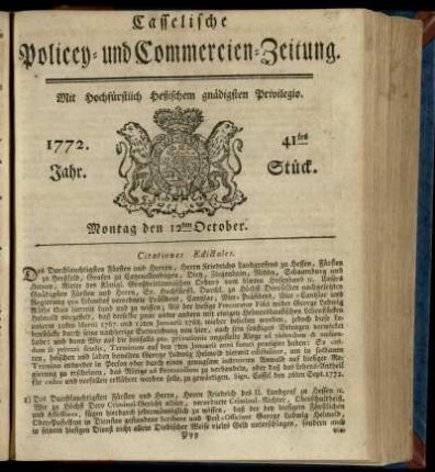 41tes Stueck, Montag den 12ten October 1772