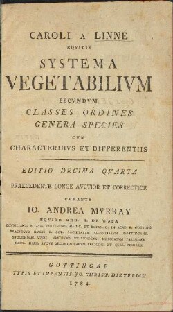 Caroli A Linné Equitis Systema Vegetabilium Secundum Classes Ordines Genera Species Cum Characteribus Et Differentiis