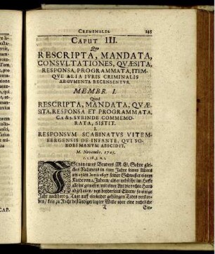 Caput III. Rescripta, Mandata, Consultationes, Quaesita, Responsa, Programmata, Itemque Alia Iuris Criminalis Argumenta Recensentur.