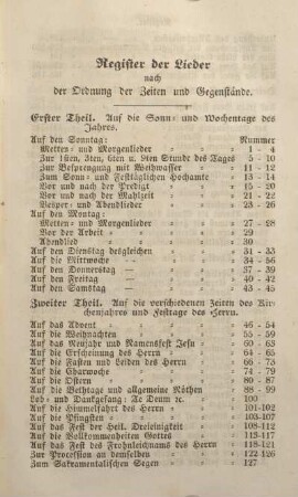 Register der Lieder nach der Ordnung der Zeiten und Gegenstände.