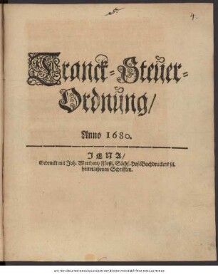 Tranck-Steuer-Ordnung/ Anno 1680