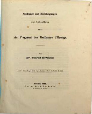 Nachträge und Berichtigungen zur Abhandlung über ein Fragment des Guillaume d'Orenge