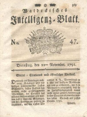 No. 47, Dienstag, den 22ten November, 1791