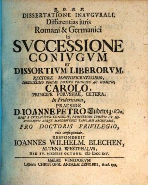 Dissertatione inaug. differentias iuris Romani et Germanici in successione coniugum et dissortium liberorum