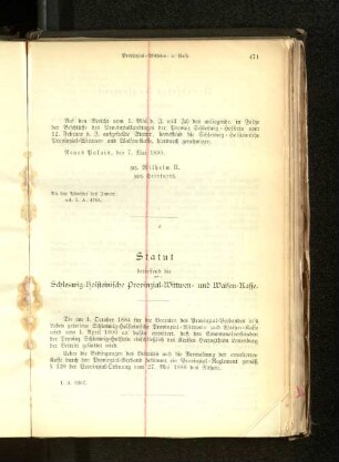 Statut betreffend die Schleswig-Holsteinische Provinzial-Wittwen- und Waisen-Kasse.